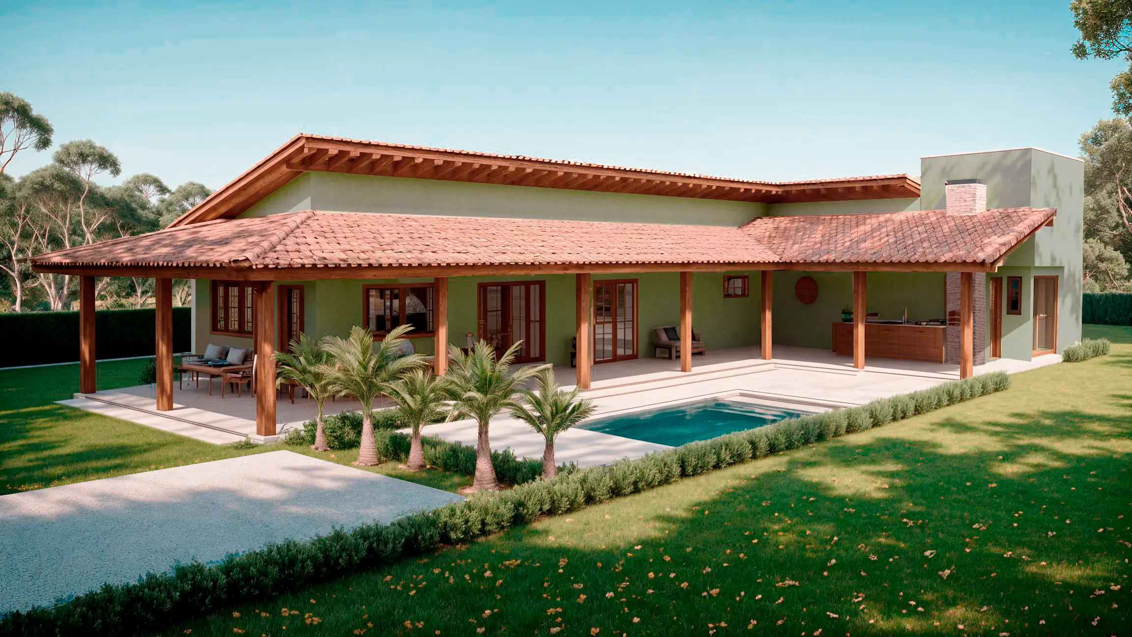 casa de sítio em L com piscina