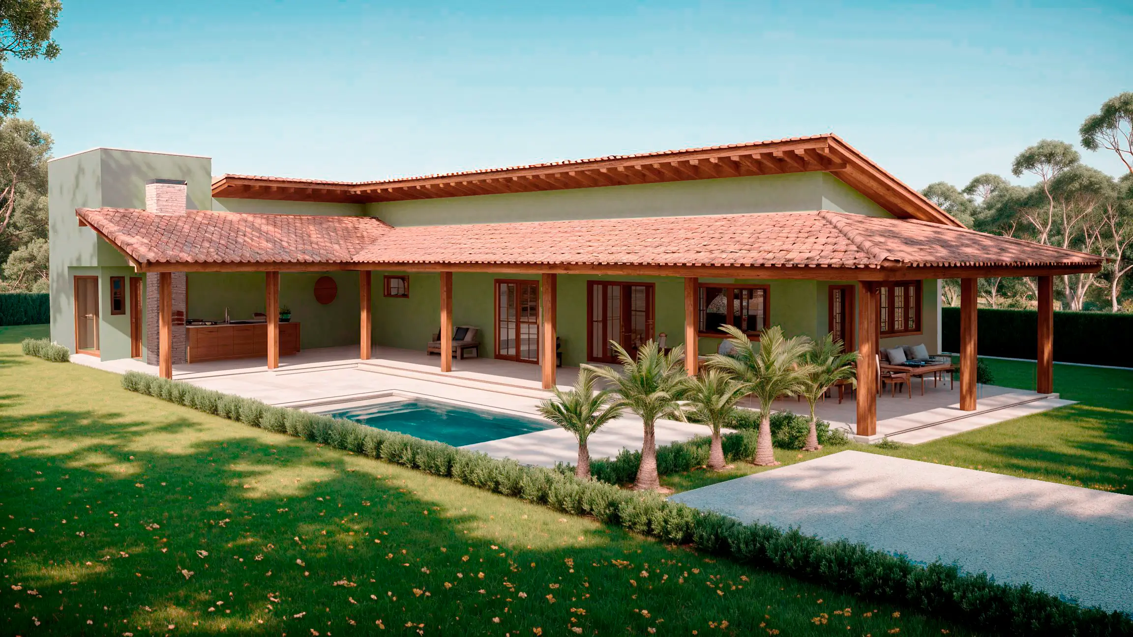 projeto casa com L com piscina