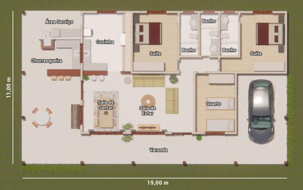 planta casa de sítio 3 quartos