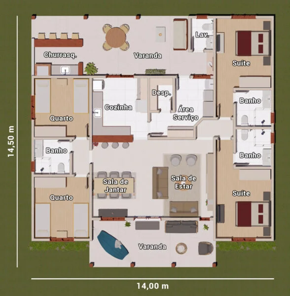 planta de casa com 4 quartos para sítio