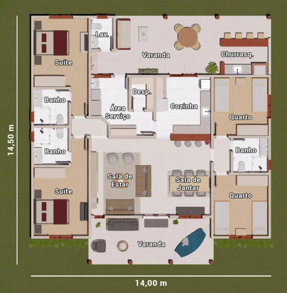 projeto de casa de campo com 4 quartos
