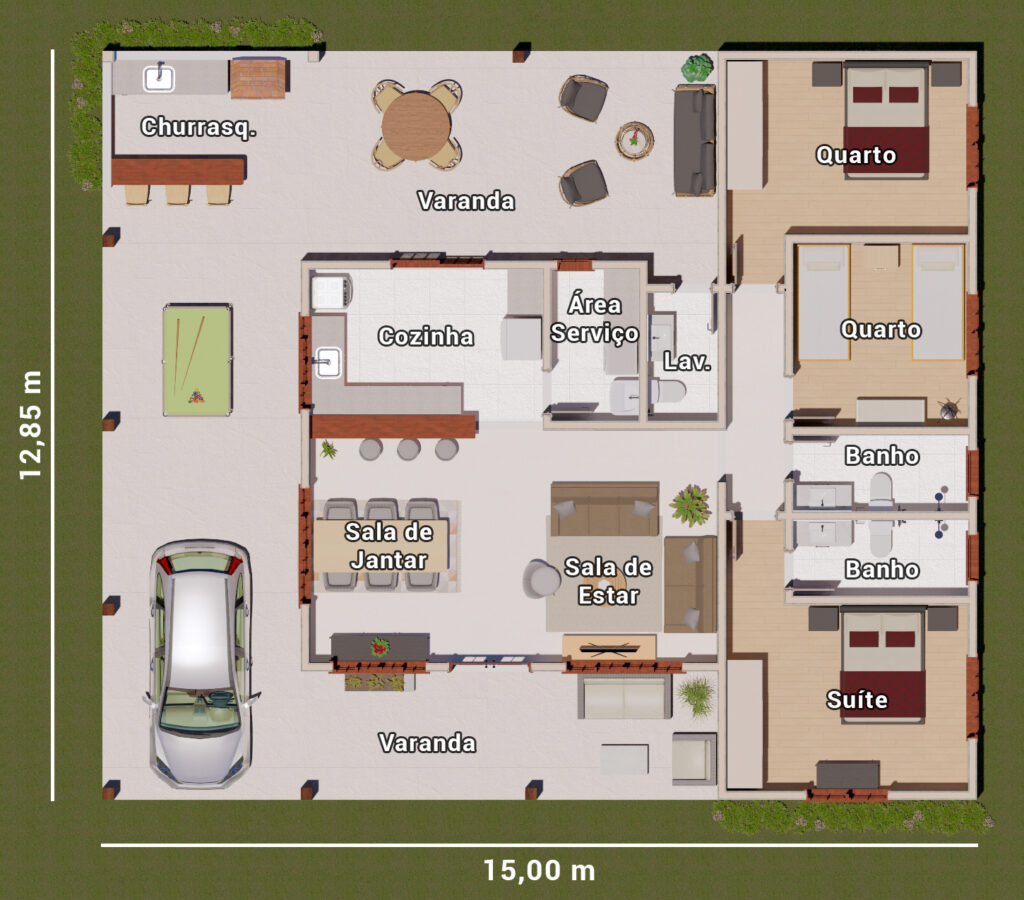 planta de casa de campo com 3 quartos