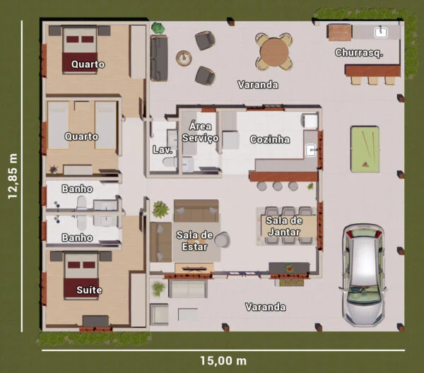 planta de casa de fazenda com 3 quartos
