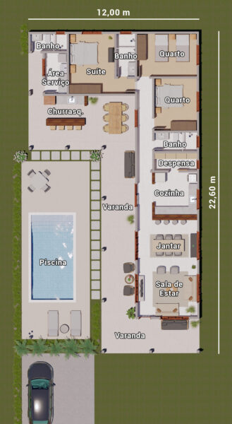 Planta baixa casa em L com 3 quartos e piscina