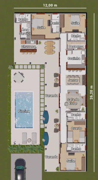 Planta de Casa de Campo em L com Piscina