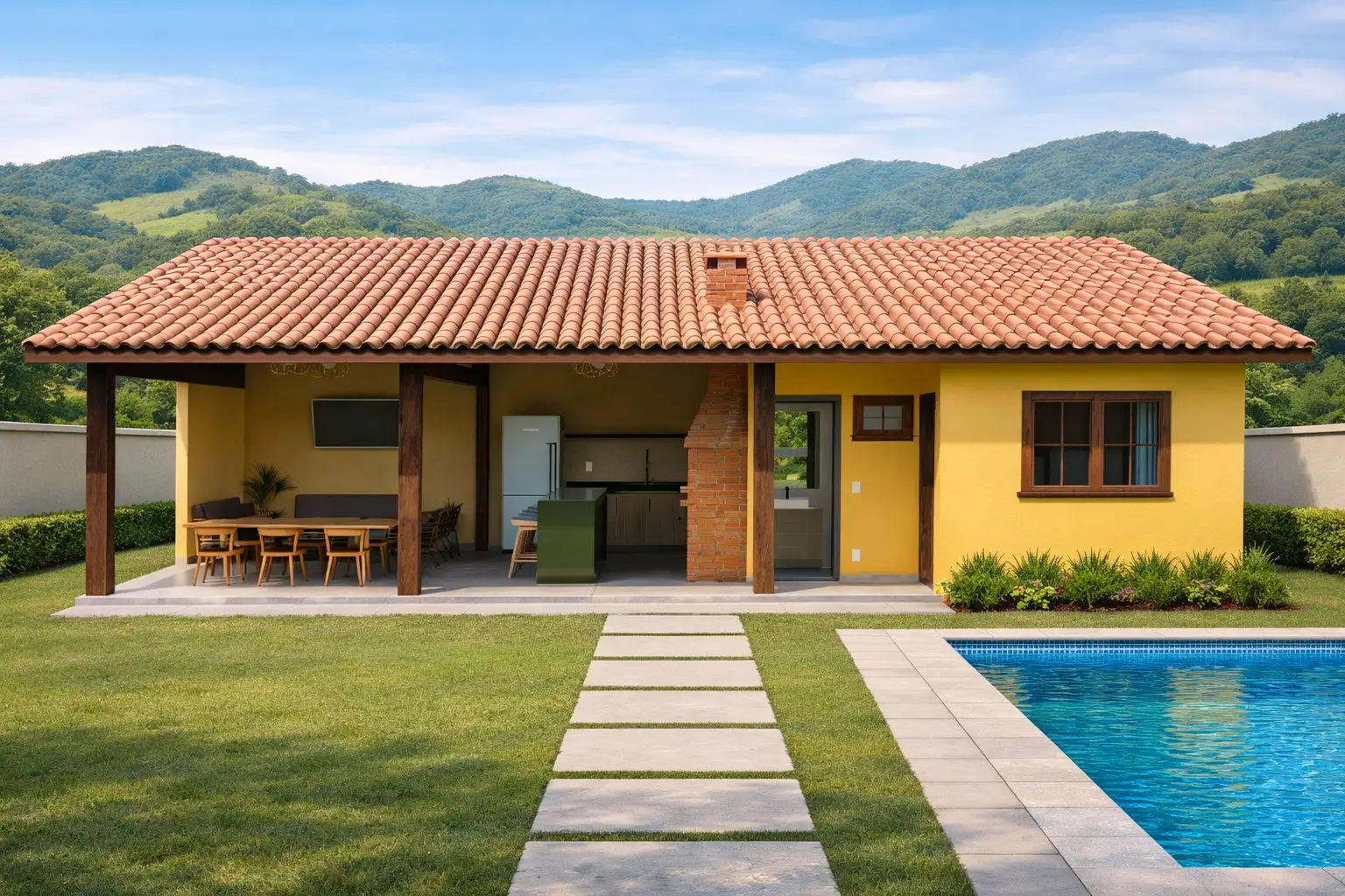 edícula para casa de campo com piscina